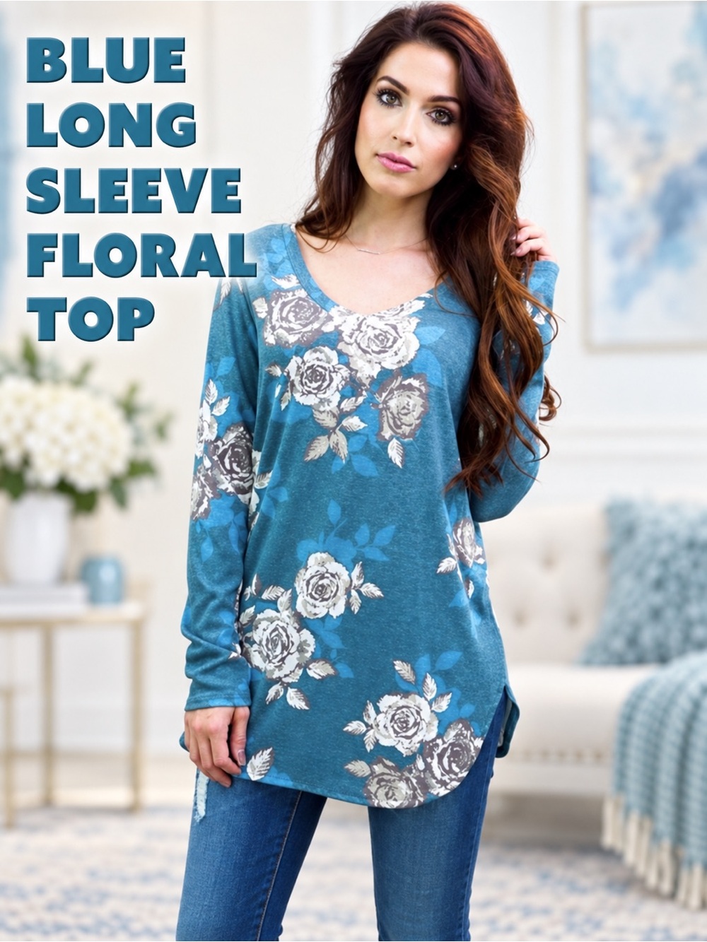 Floral Top with Blue Long Sleeves NEW